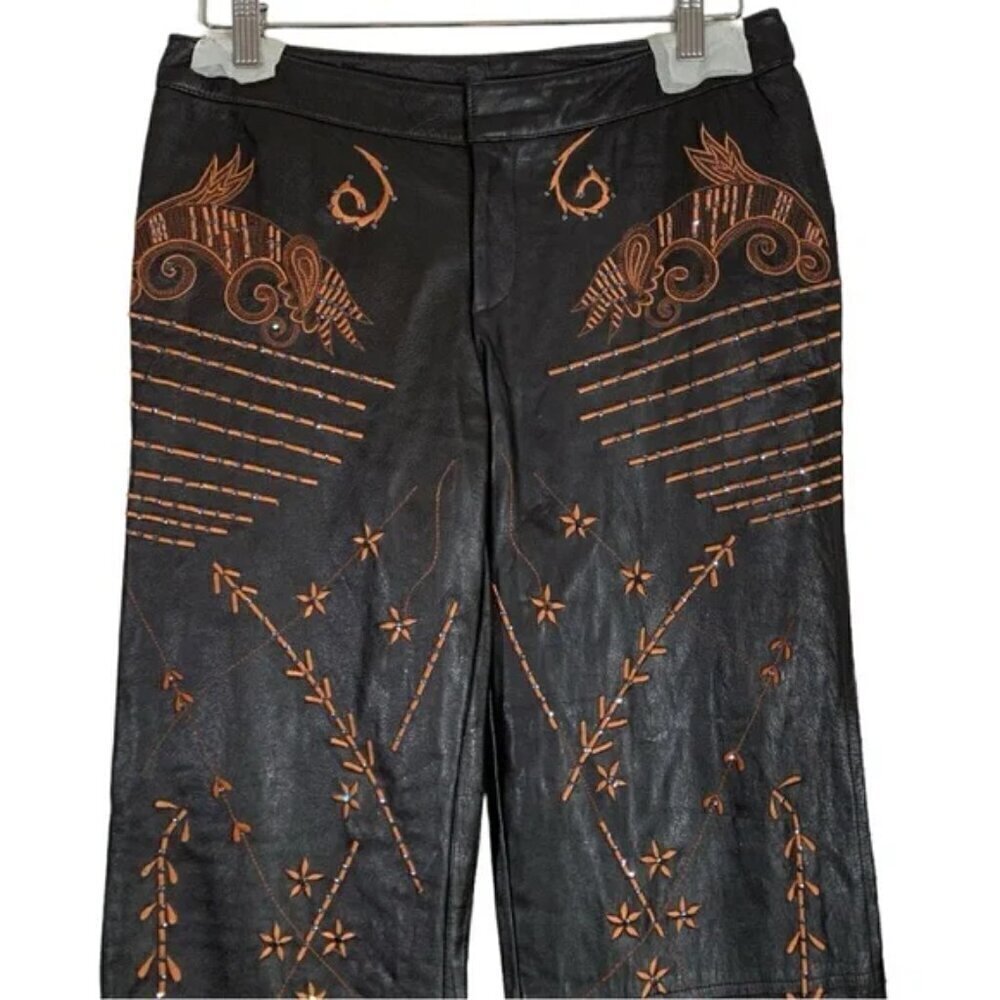 NEW Mandalay Leather Embroidered Wide Straight Leg Pants Size 6 - Picture 3 of 10